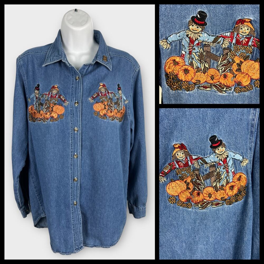 Vintage‎ Denim Fall Halloween Scarecrow Embroidered Denim Jean Blouse Top M/L